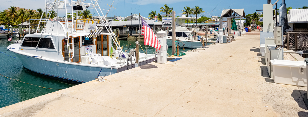 Key West, Florida USA - June 26, 2014: Charter boats available for hire at the Bight Marina.